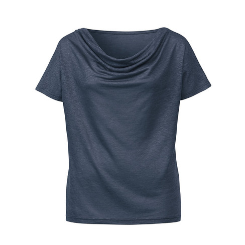 T-Shirt mit Wasserfallausschnitt aus Leinenjersey, nachtblau