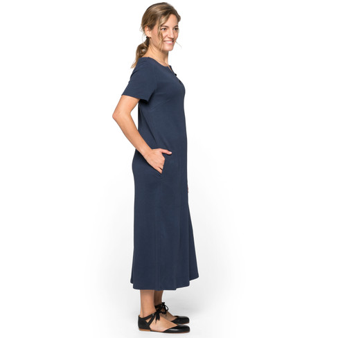 Jerseykleid aus Bio-Baumwolle mit Tunika-Ausschnitt und Knopfleiste, nachtblau