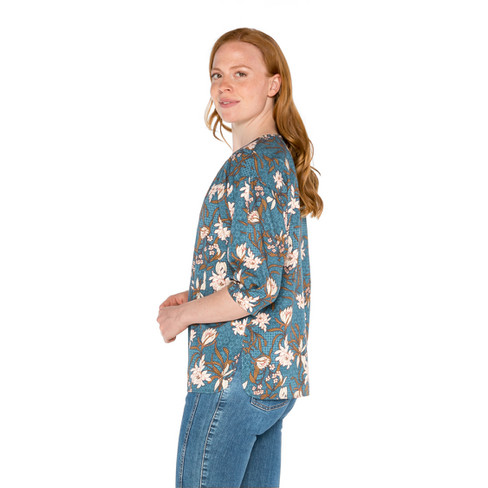 Blusenshirt mit Blumenprint aus reiner Bio-Baumwolle, petrol-gemustert