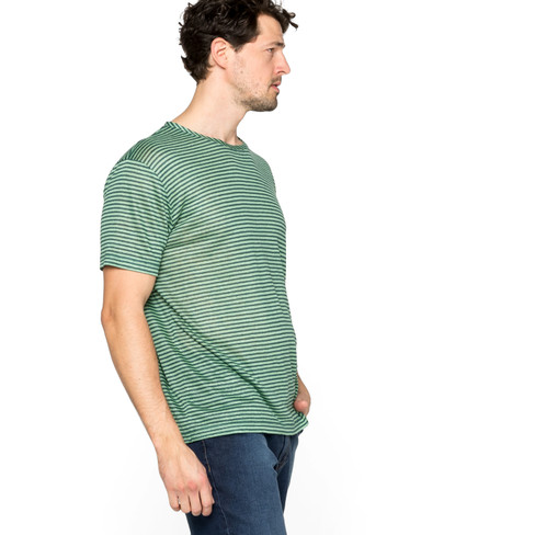 Kurzärmeliges Leinenjersey-Shirt mit Rundhalsausschnitt, eibe-geringelt