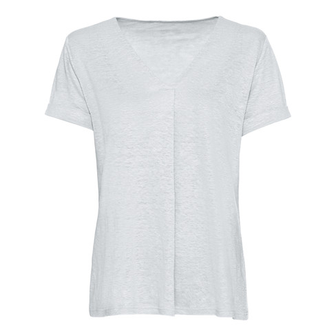 Leinenjersey-Shirt mit Aufschlagärmeln und V-Ausschnitt, naturweiß