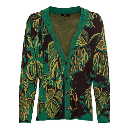 Jacquard-Strickjacke aus Bio-Baumwolle mit Tropenblatt-Muster, grün-gemustert