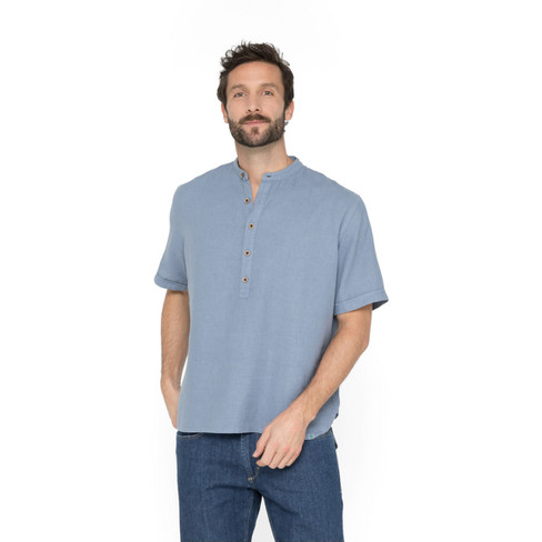Kurzarmhemd aus Hanf und Bio-Baumwolle, blau