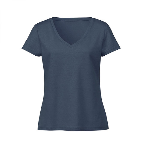 T-Shirt mit V-Ausschnitt aus Leinenjersey, nachtblau
