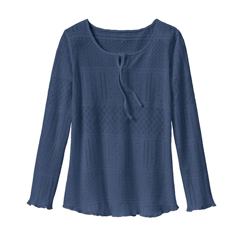 Feminines Ajour-Shirt mit Tropfenausschnitt, taubenblau